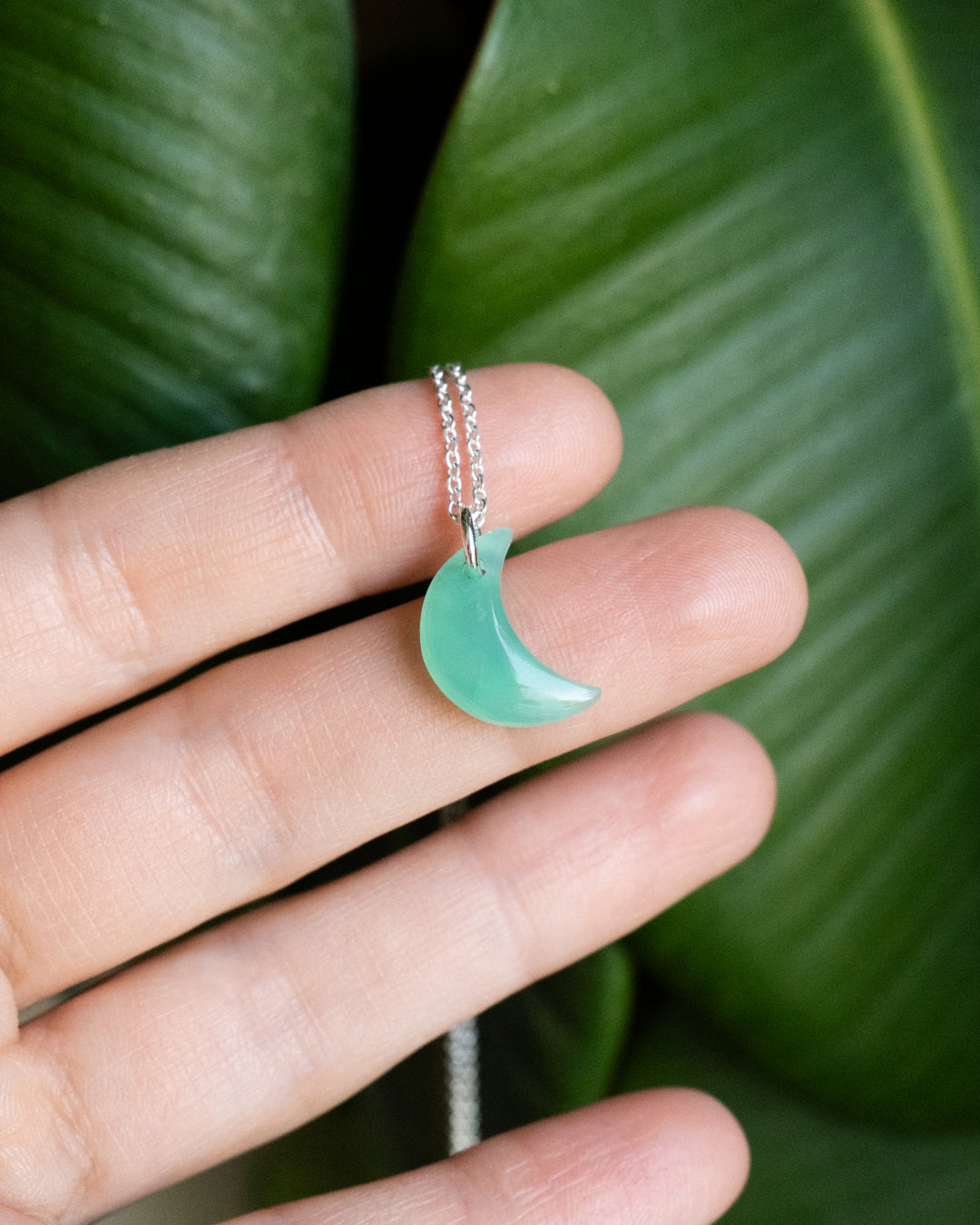 Chrysoprase Crescent Moon Recycled Sterling Silver or Gold Necklace - The Healing Pear
