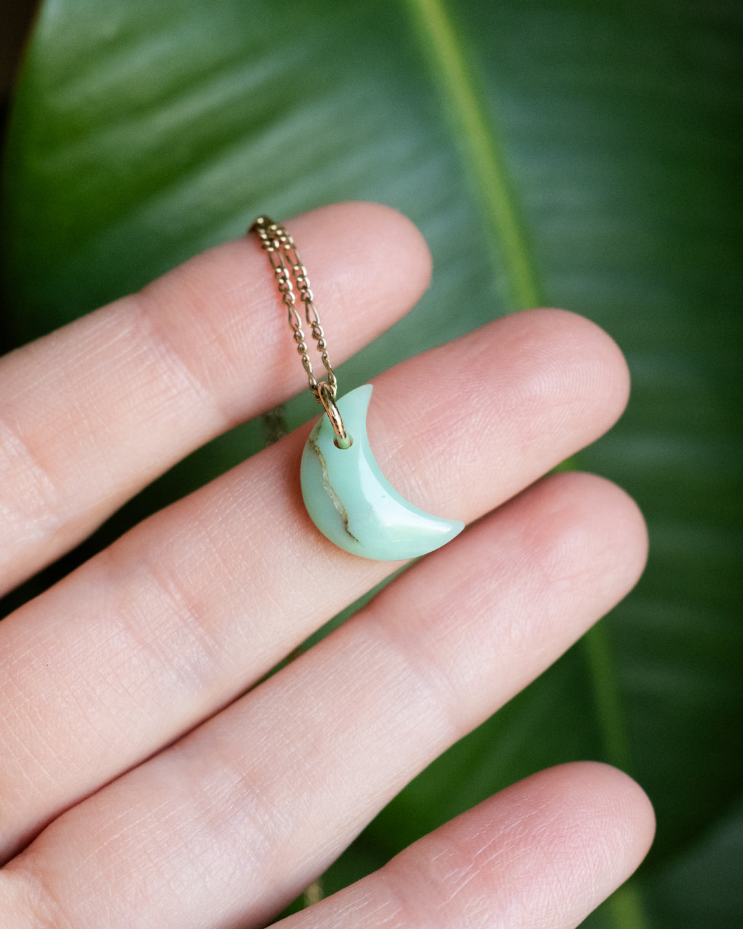Chrysoprase Crescent Moon Recycled Sterling Silver or Gold Necklace - The Healing Pear