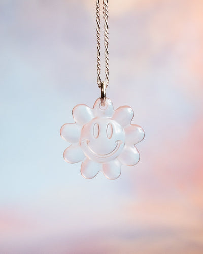 Clear Quartz Hand Carved Groovy Flower Necklace