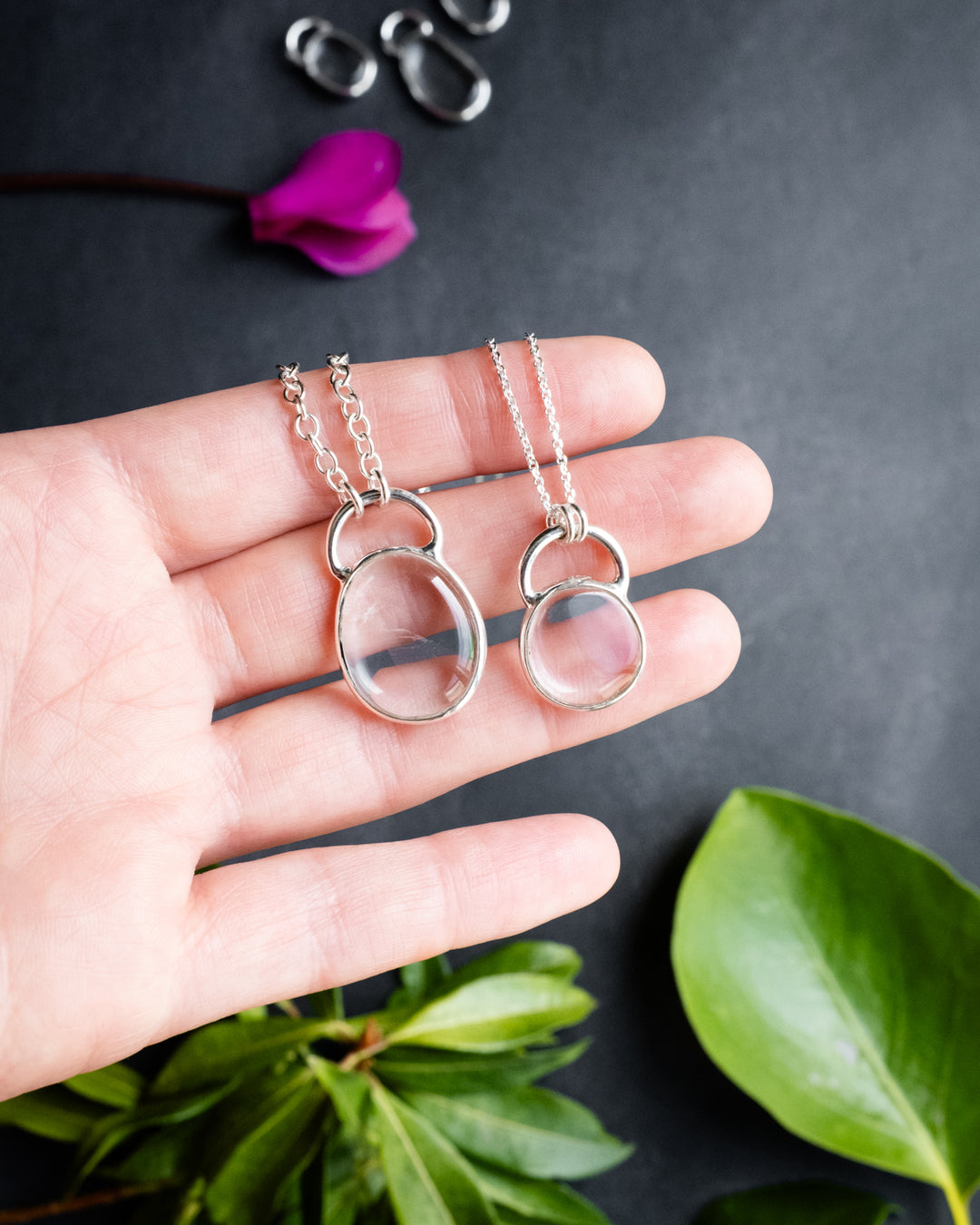 Clear Quartz Pebble Recycled Sterling Silver Necklace