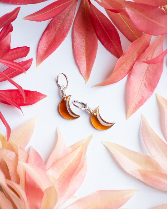 Grossular Garnet Crescent Moon Recycled Sterling Silver Hoop Earrings - The Healing Pear