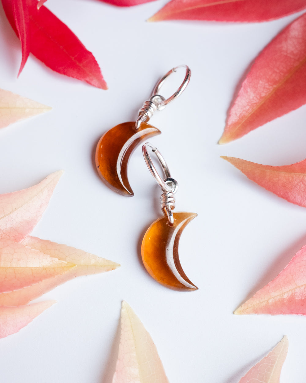Grossular Garnet Crescent Moon Recycled Sterling Silver Hoop Earrings - The Healing Pear