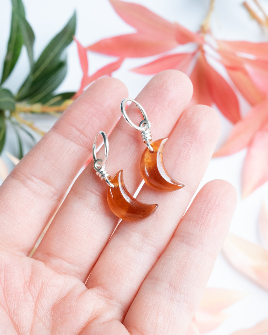 Grossular Garnet Crescent Moon Recycled Sterling Silver Hoop Earrings - The Healing Pear