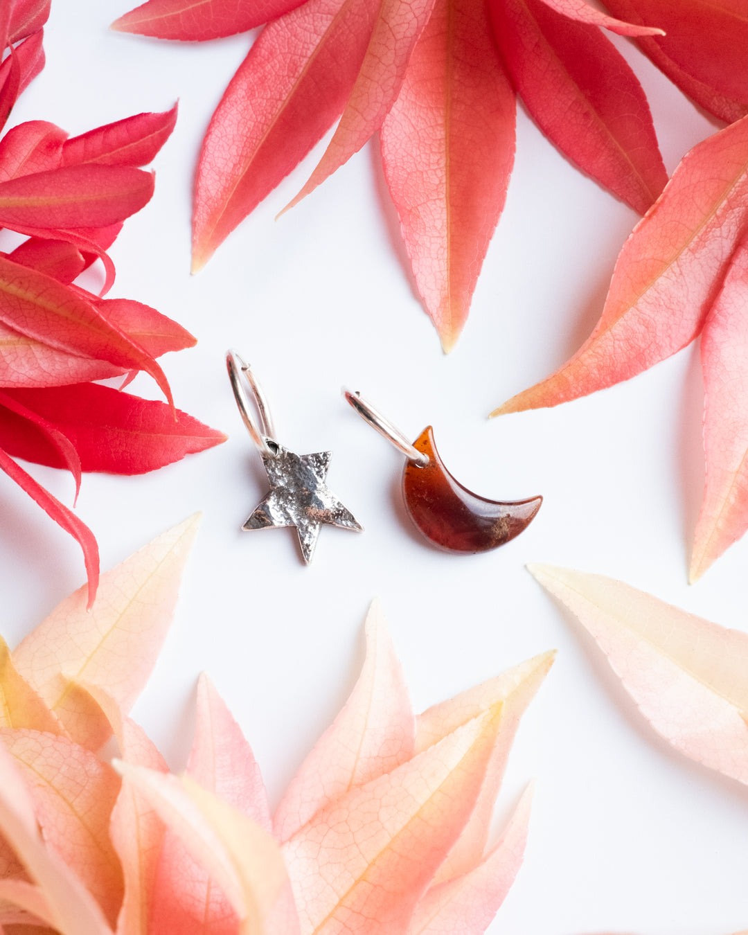 Grossular Garnet Crescent Moon & Reticulated Star Recycled Sterling Silver Hoop Earrings - The Healing Pear