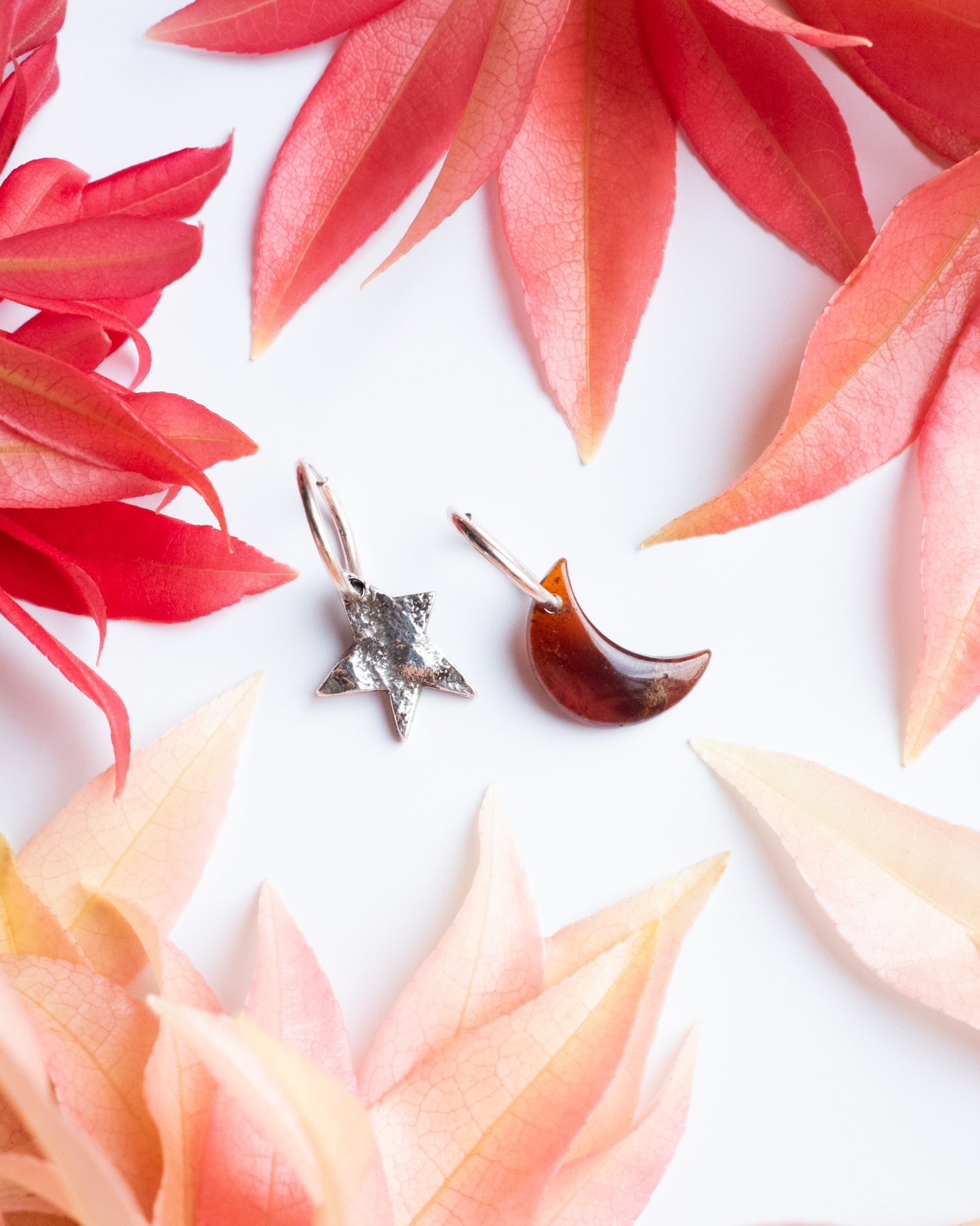 Grossular Garnet Crescent Moon & Reticulated Star Recycled Sterling Silver Hoop Earrings - The Healing Pear
