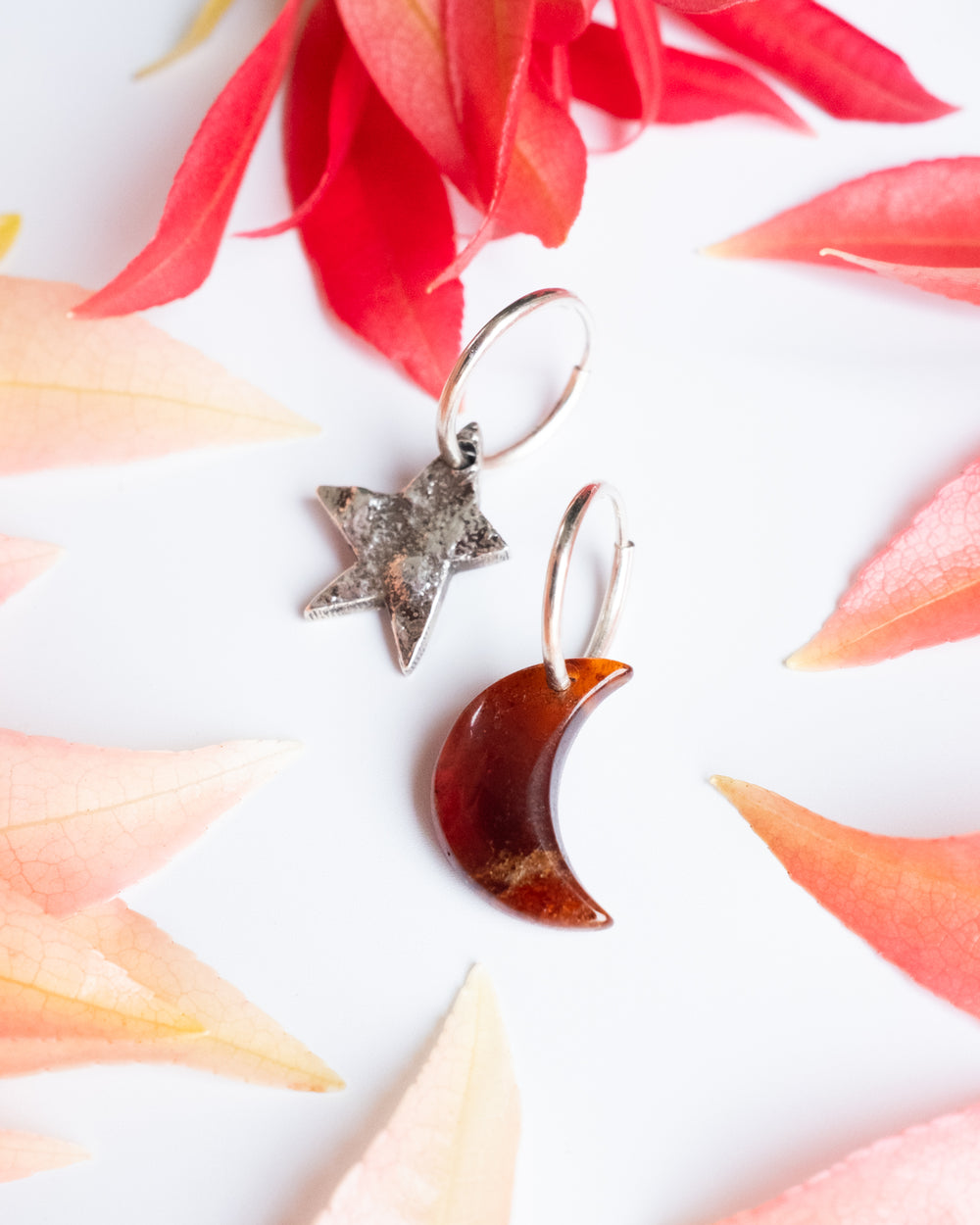 Grossular Garnet Crescent Moon & Reticulated Star Recycled Sterling Silver Hoop Earrings - The Healing Pear