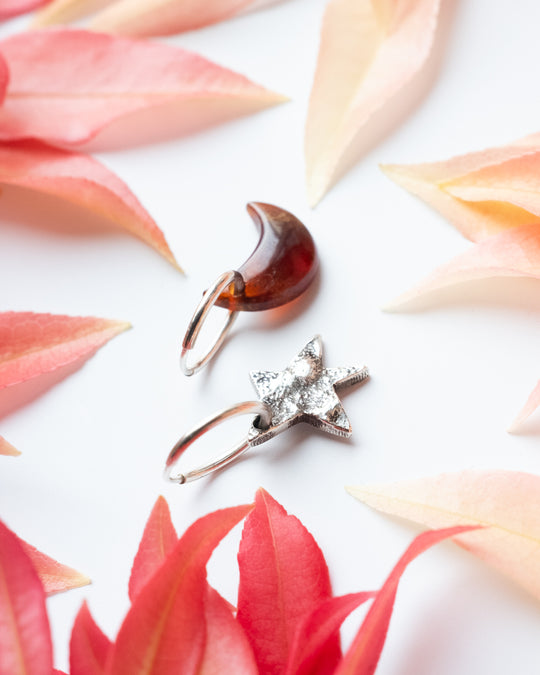 Grossular Garnet Crescent Moon &amp; Reticulated Star Recycled Sterling Silver Hoop Earrings - The Healing Pear