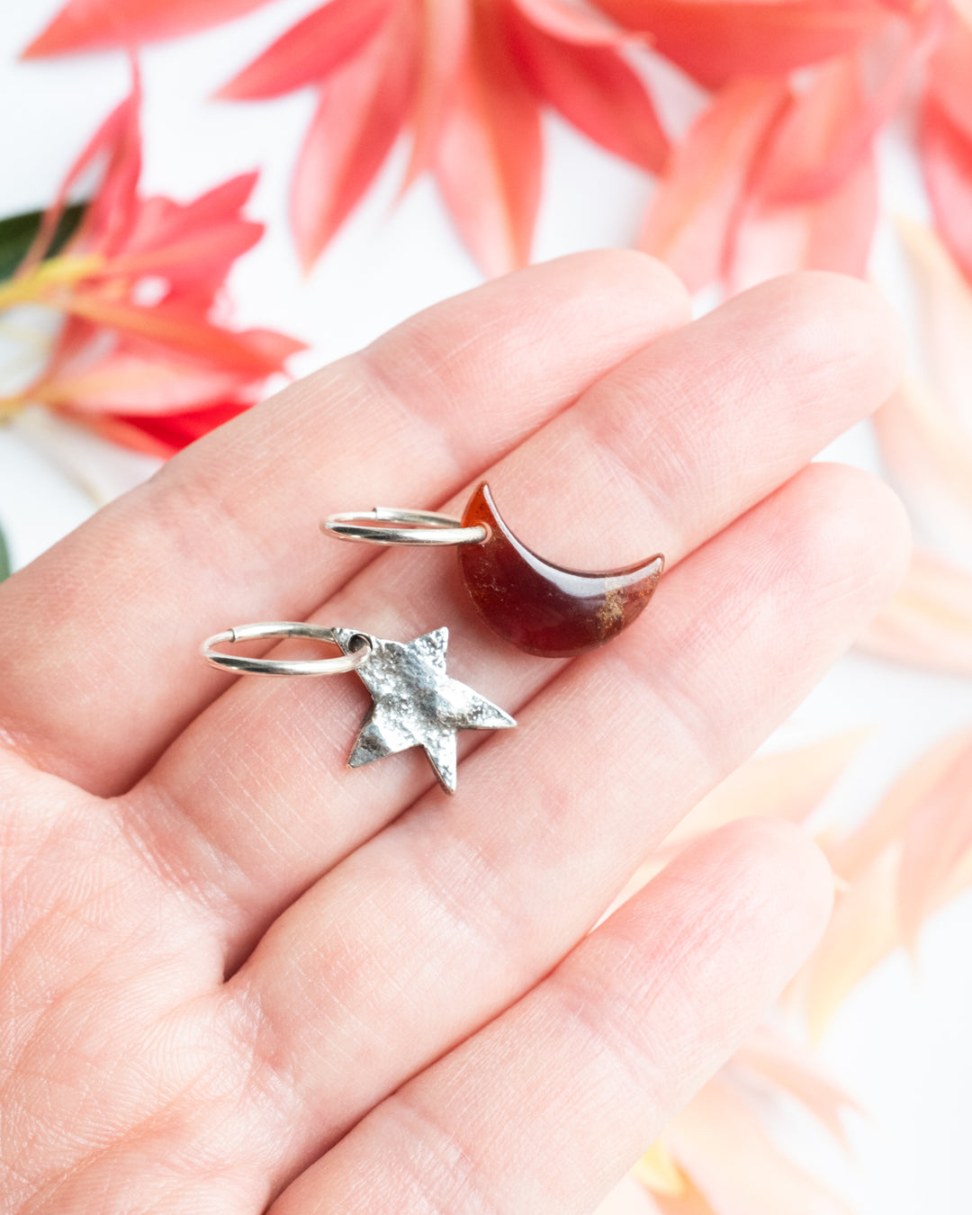 Grossular Garnet Crescent Moon &amp; Reticulated Star Recycled Sterling Silver Hoop Earrings - The Healing Pear