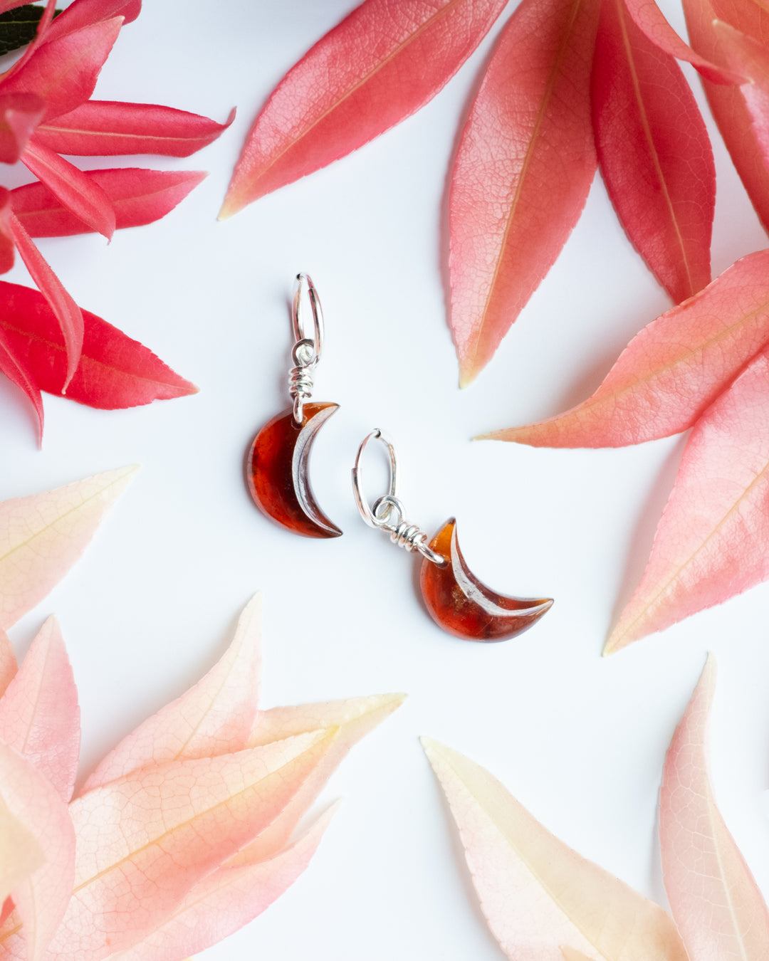 Grossular Garnet Crescent Moon Recycled Sterling Silver Hoop Earrings - The Healing Pear
