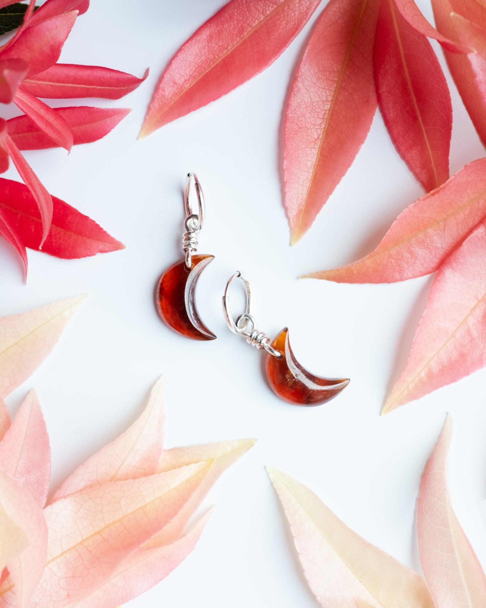 Grossular Garnet Crescent Moon Recycled Sterling Silver Hoop Earrings - The Healing Pear