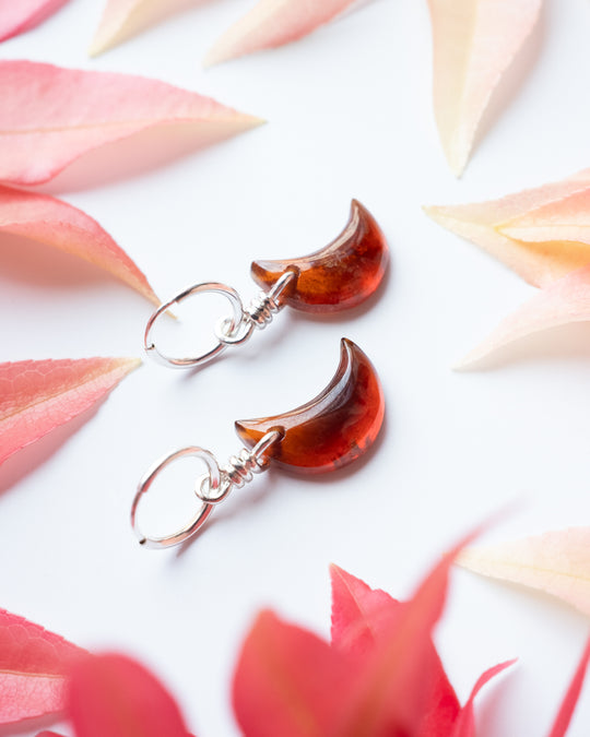 Grossular Garnet Crescent Moon Recycled Sterling Silver Hoop Earrings - The Healing Pear