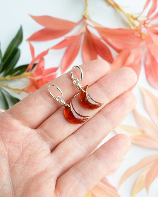 Grossular Garnet Crescent Moon Recycled Sterling Silver Hoop Earrings - The Healing Pear