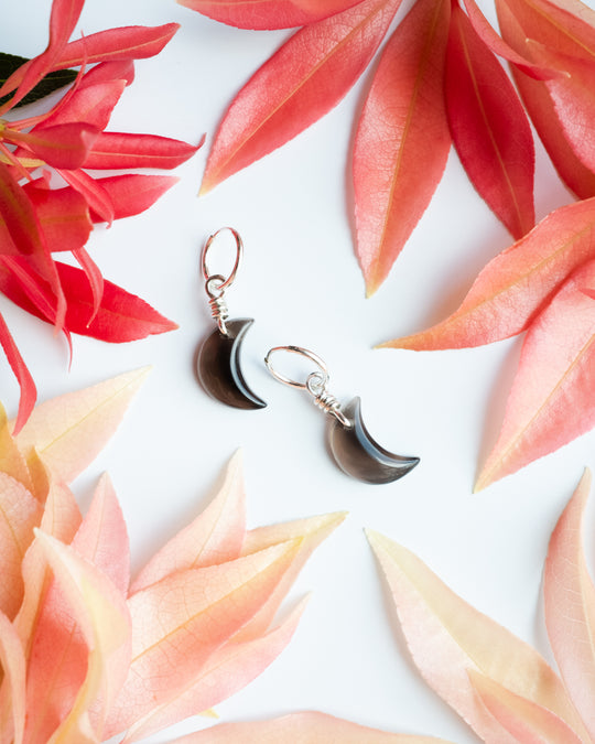 Smoky Quartz Crescent Moon Recycled Sterling Silver Hoop Earrings - The Healing Pear
