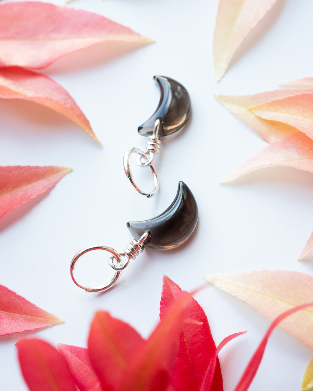 Smoky Quartz Crescent Moon Recycled Sterling Silver Hoop Earrings - The Healing Pear