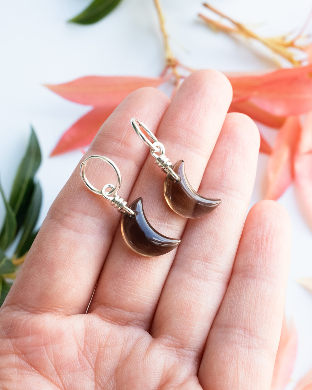 Smoky Quartz Crescent Moon Recycled Sterling Silver Hoop Earrings - The Healing Pear