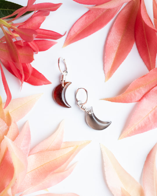 Grossular Garnet &amp; Smoky Quartz Crescent Moon Recycled Sterling Silver Hoop Earrings - The Healing Pear