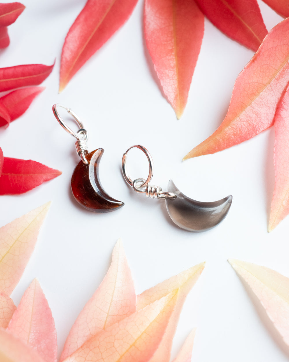Grossular Garnet & Smoky Quartz Crescent Moon Recycled Sterling Silver Hoop Earrings - The Healing Pear