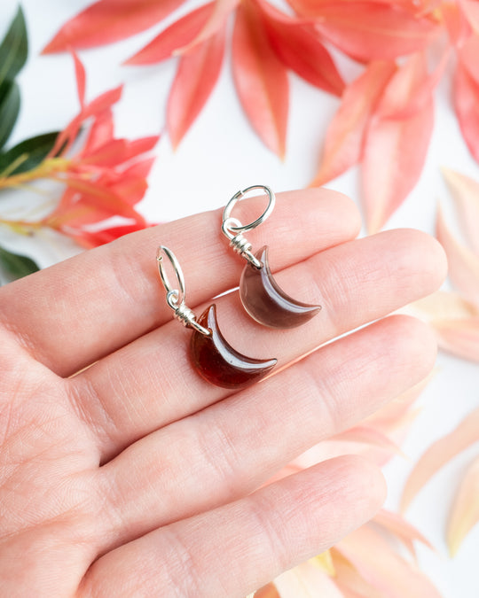 Grossular Garnet &amp; Smoky Quartz Crescent Moon Recycled Sterling Silver Hoop Earrings - The Healing Pear