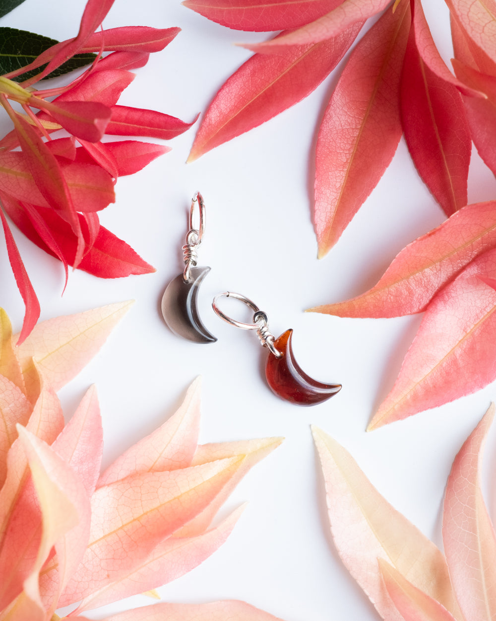 Grossular Garnet & Smoky Quartz Crescent Moon Recycled Sterling Silver Hoop Earrings - The Healing Pear