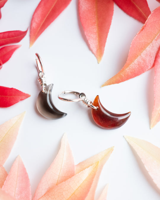 Grossular Garnet &amp; Smoky Quartz Crescent Moon Recycled Sterling Silver Hoop Earrings - The Healing Pear