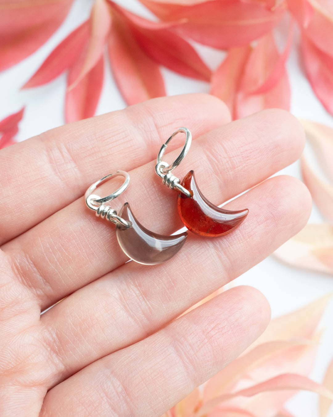 Grossular Garnet &amp; Smoky Quartz Crescent Moon Recycled Sterling Silver Hoop Earrings - The Healing Pear