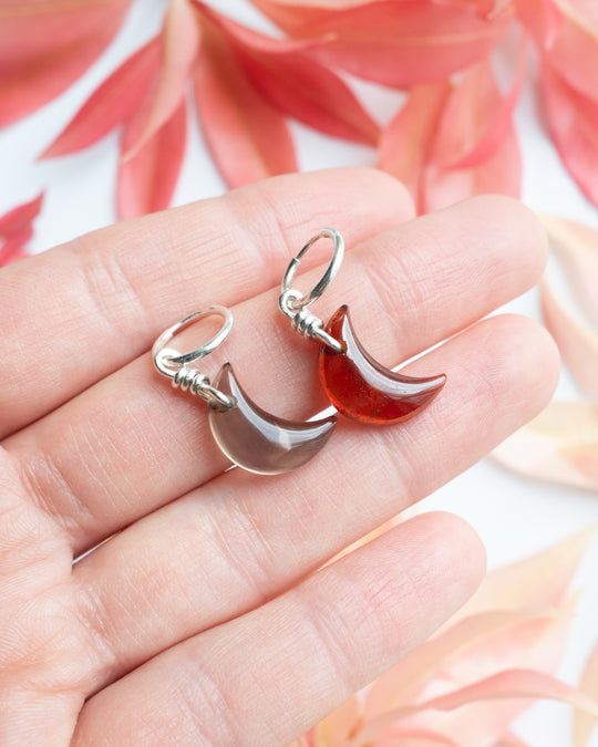 Grossular Garnet &amp; Smoky Quartz Crescent Moon Recycled Sterling Silver Hoop Earrings - The Healing Pear
