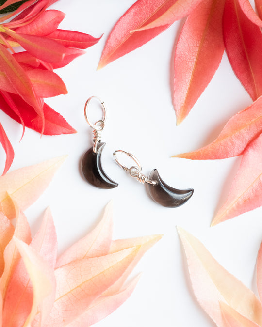 Smoky Quartz Crescent Moon Recycled Sterling Silver Hoop Earrings - The Healing Pear
