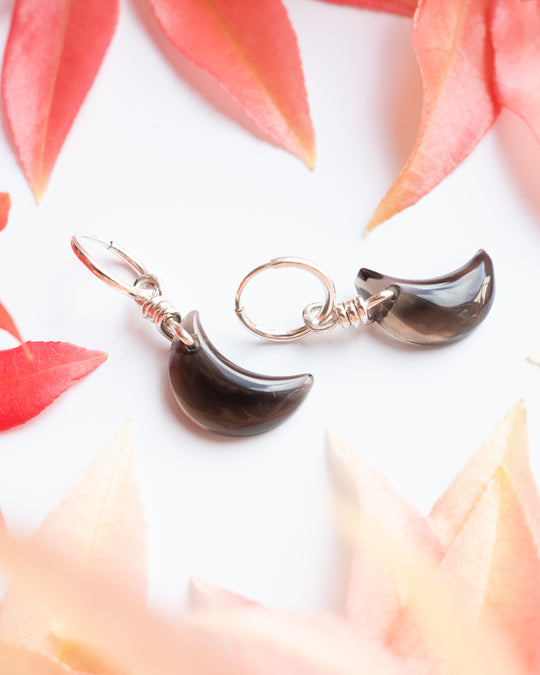 Smoky Quartz Crescent Moon Recycled Sterling Silver Hoop Earrings - The Healing Pear
