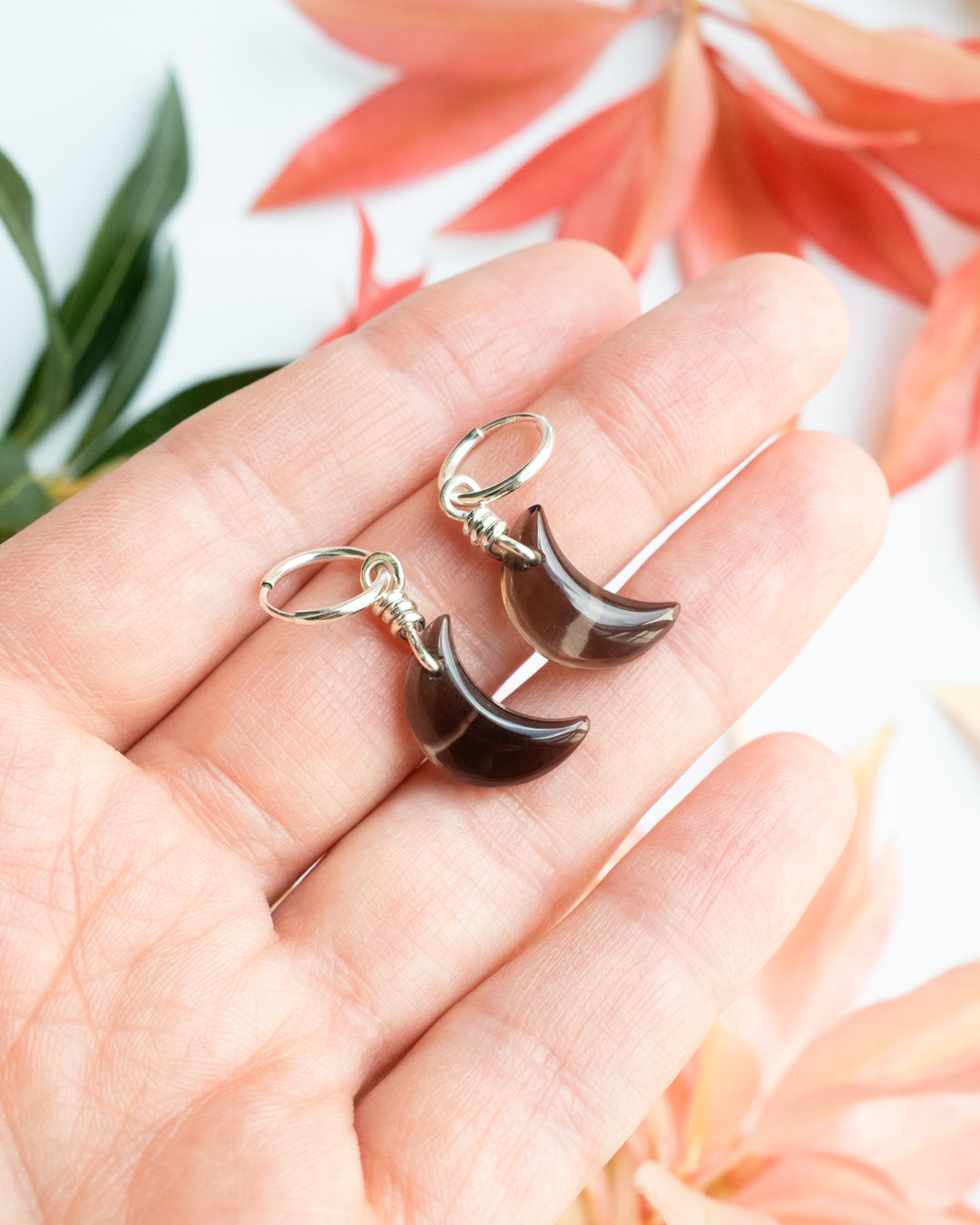 Smoky Quartz Crescent Moon Recycled Sterling Silver Hoop Earrings - The Healing Pear