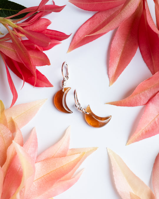 Grossular Garnet Crescent Moon Recycled Sterling Silver Hoop Earrings - The Healing Pear