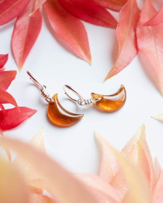 Grossular Garnet Crescent Moon Recycled Sterling Silver Hoop Earrings - The Healing Pear