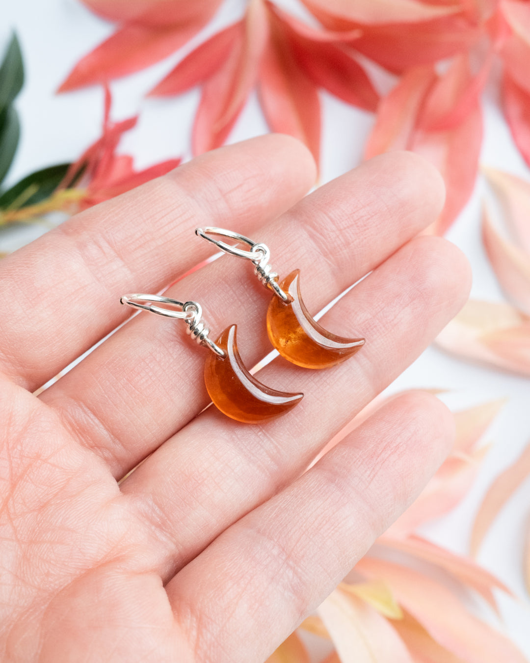 Grossular Garnet Crescent Moon Recycled Sterling Silver Hoop Earrings - The Healing Pear