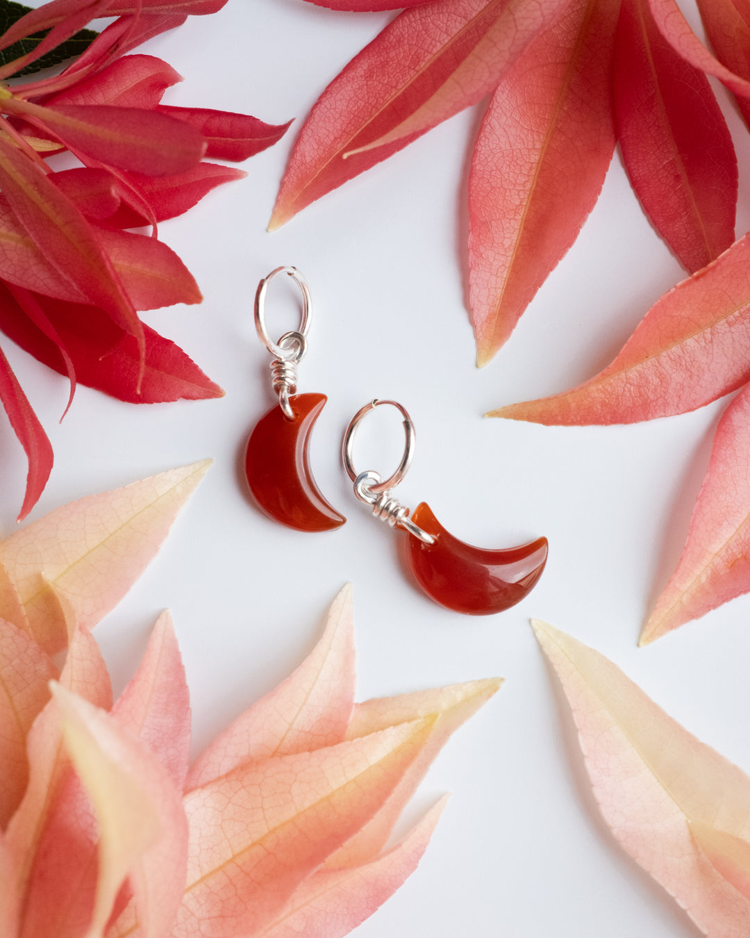 Carnelian Crescent Moon Recycled Sterling Silver Hoop Earrings - The Healing Pear