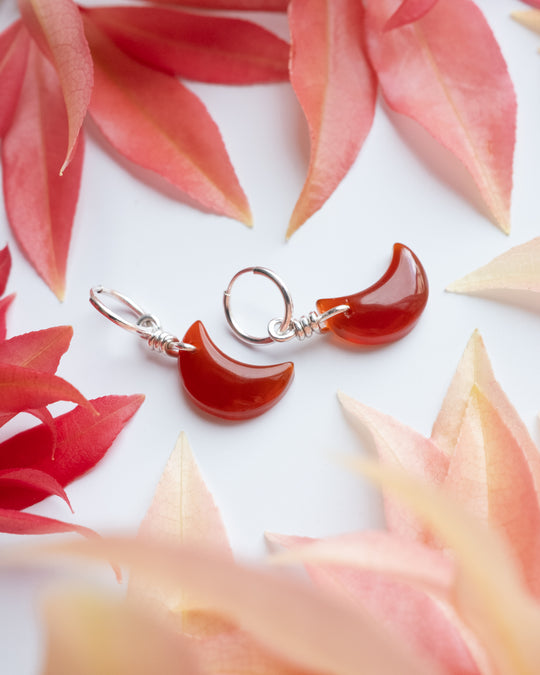 Carnelian Crescent Moon Recycled Sterling Silver Hoop Earrings - The Healing Pear
