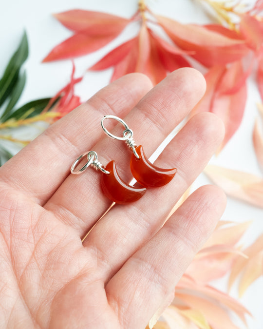 Carnelian Crescent Moon Recycled Sterling Silver Hoop Earrings - The Healing Pear