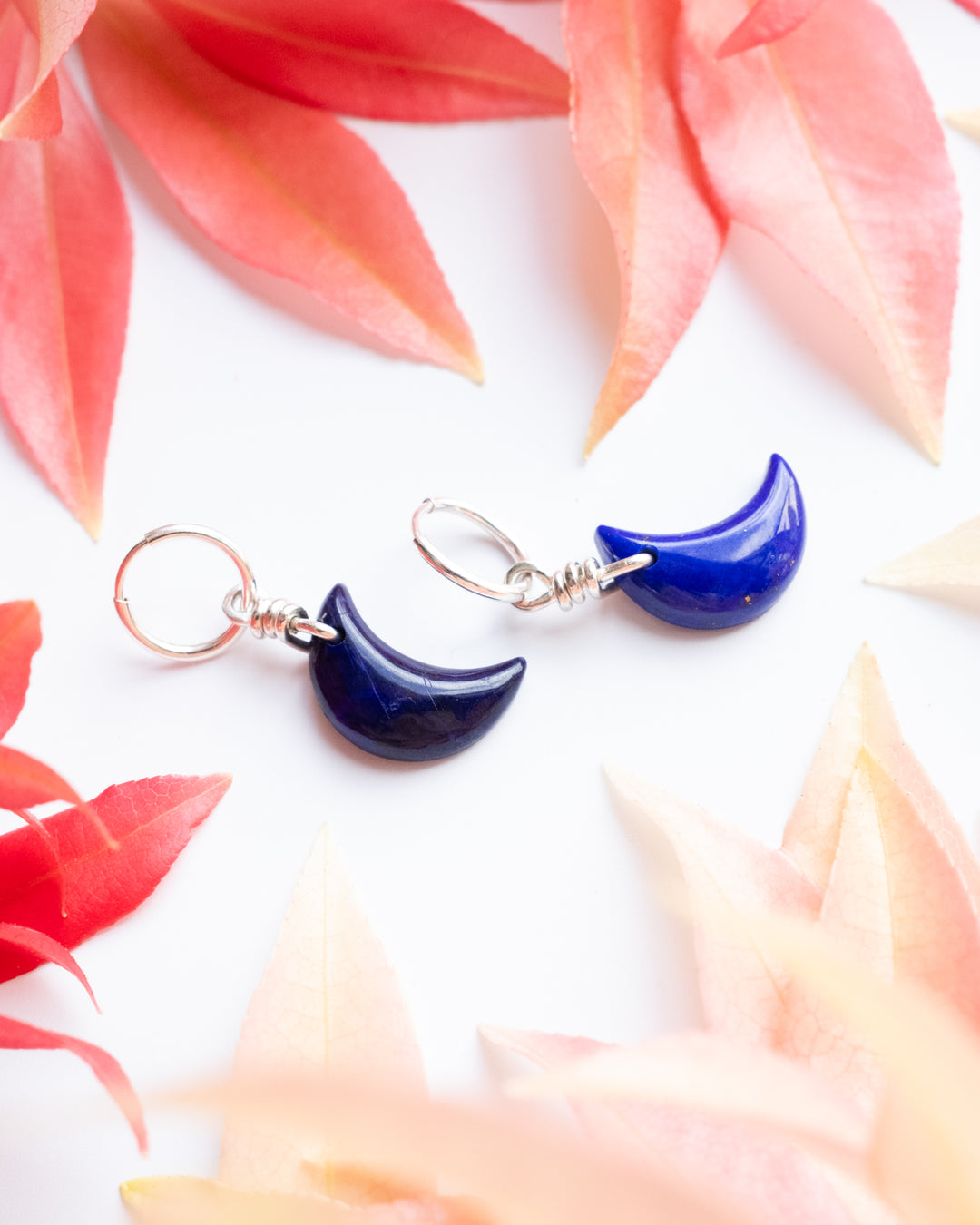 Lapis Lazuli Crescent Moon Recycled Sterling Silver Hoop Earrings - The Healing Pear