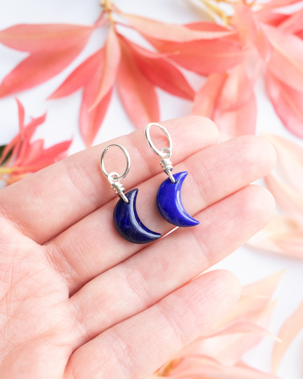 Lapis Lazuli Crescent Moon Recycled Sterling Silver Hoop Earrings - The Healing Pear