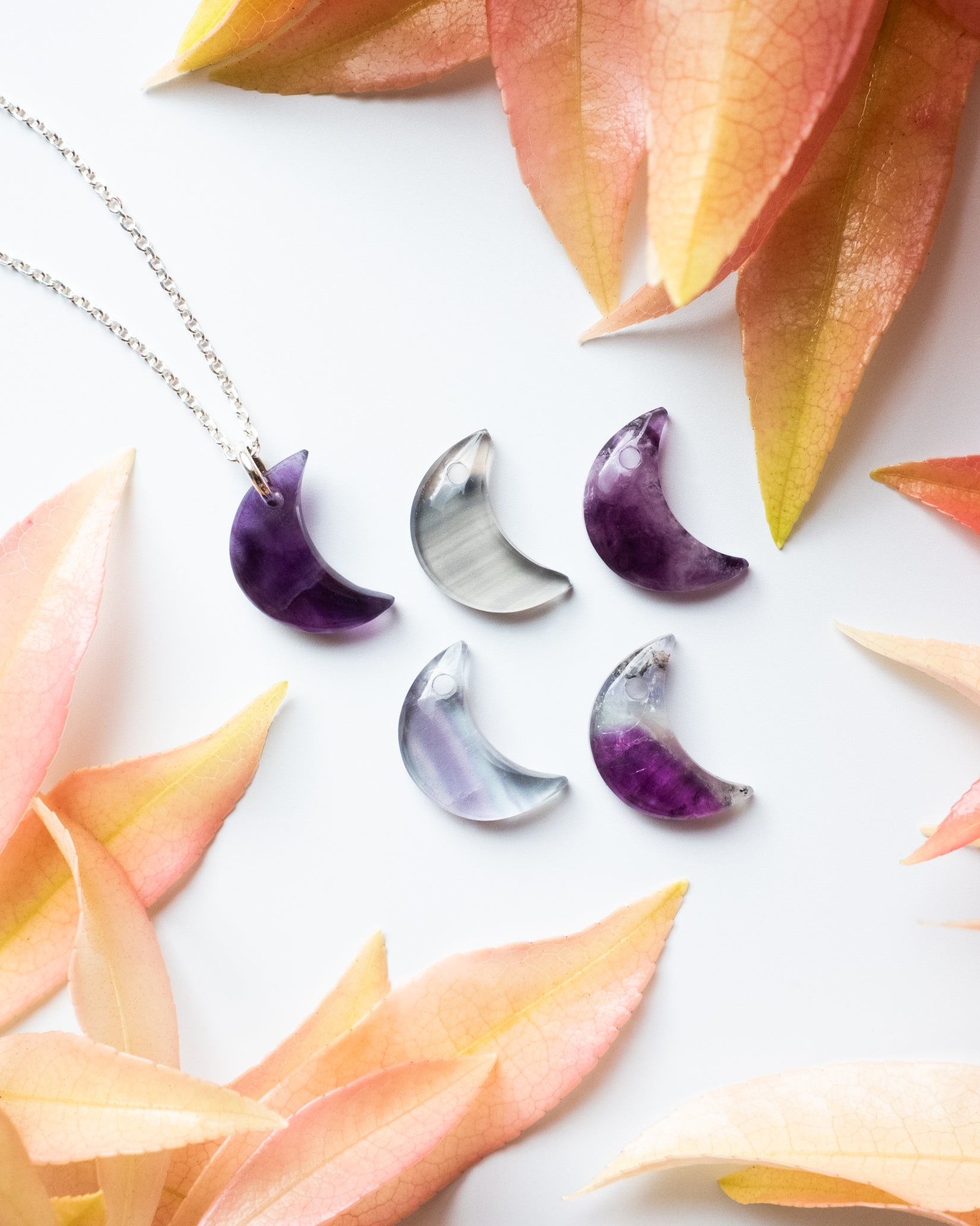Rainbow Fluorite Crescent Moon Recycled Sterling Silver or Gold Necklace - The Healing Pear