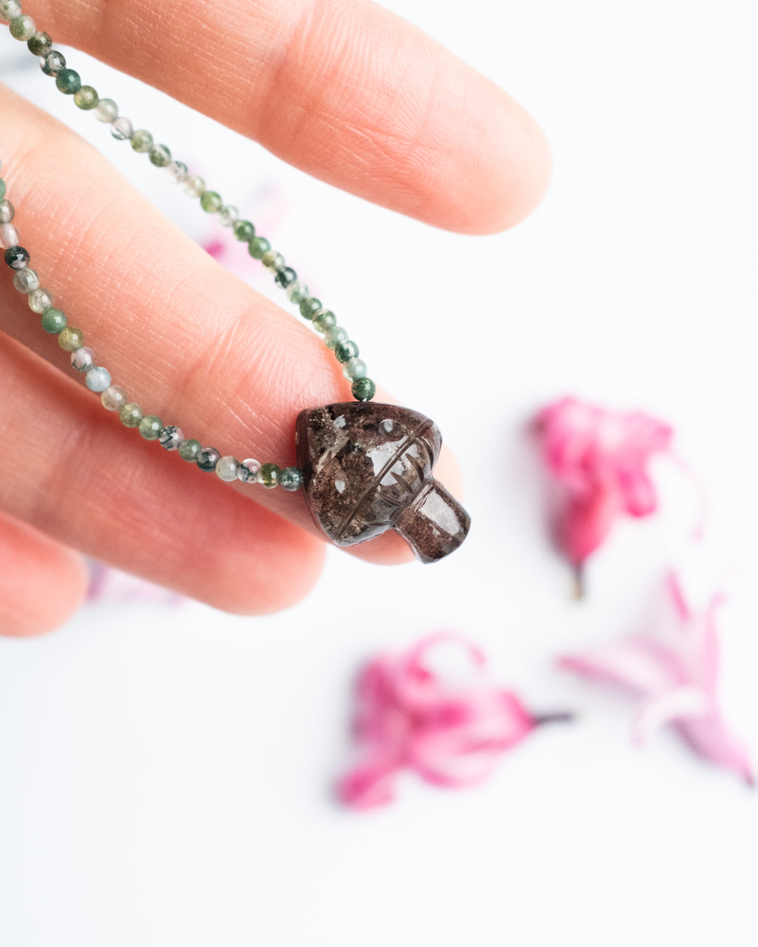 Garden Quartz Hand Carved Toadstool & Moss Agate Beaded Necklace