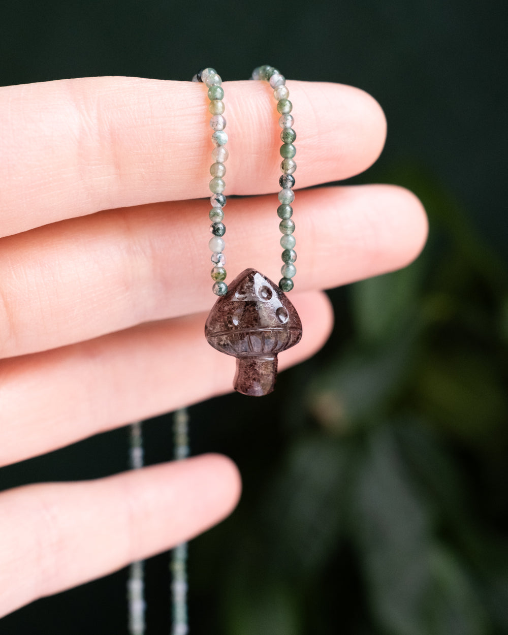 Garden Quartz Hand Carved Toadstool & Moss Agate Beaded Necklace - The Healing Pear