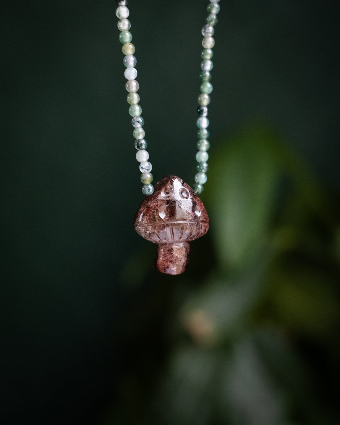 Garden Quartz Hand Carved Toadstool & Moss Agate Beaded Necklace - The Healing Pear