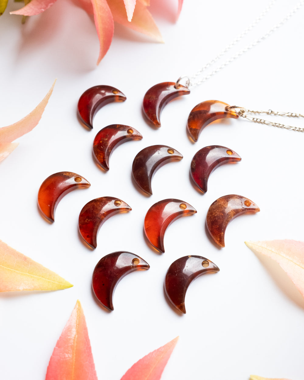 Grossular Garnet Crescent Moon Recycled Sterling Silver or Gold Necklace - The Healing Pear