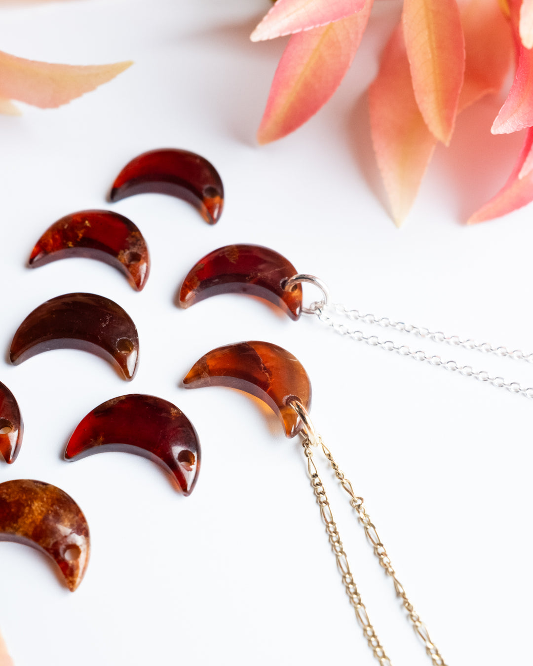 Grossular Garnet Crescent Moon Recycled Sterling Silver or Gold Necklace - The Healing Pear