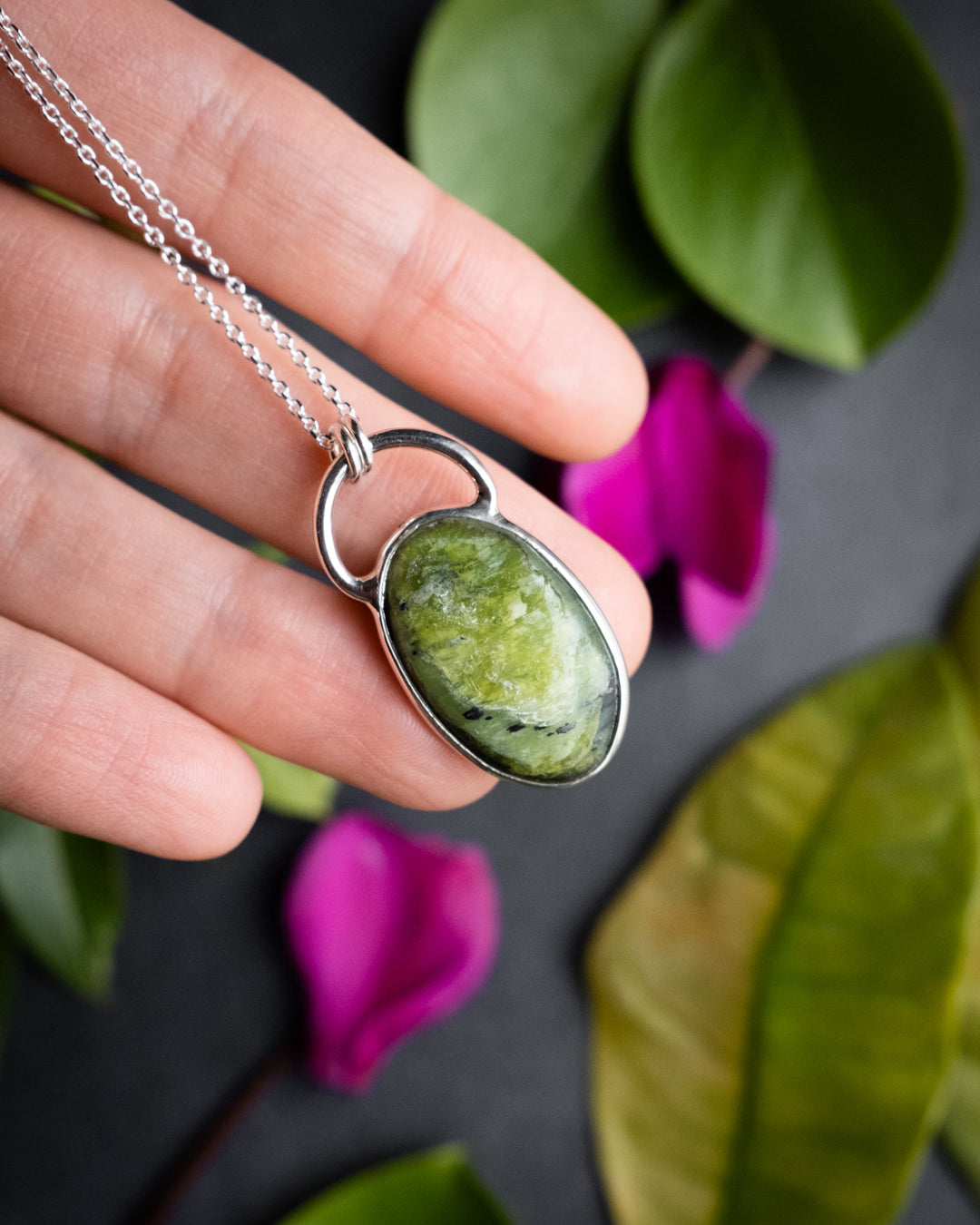 Green Grossular Garnet Pebble Recycled Sterling Silver Necklace