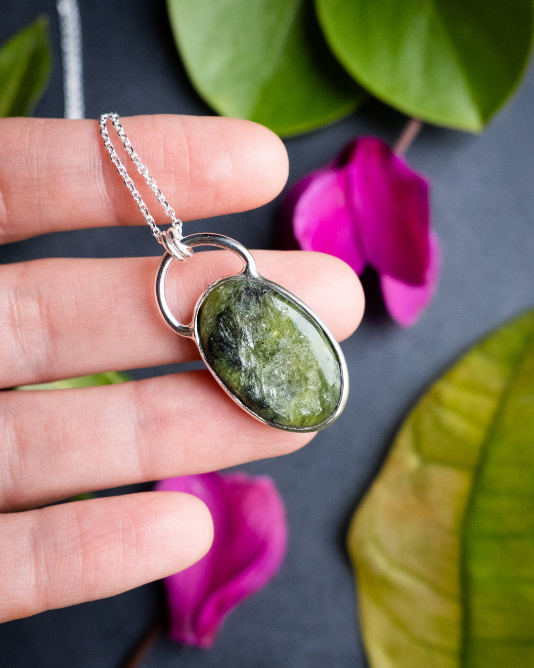 Green Grossular Garnet Pebble Recycled Sterling Silver Necklace