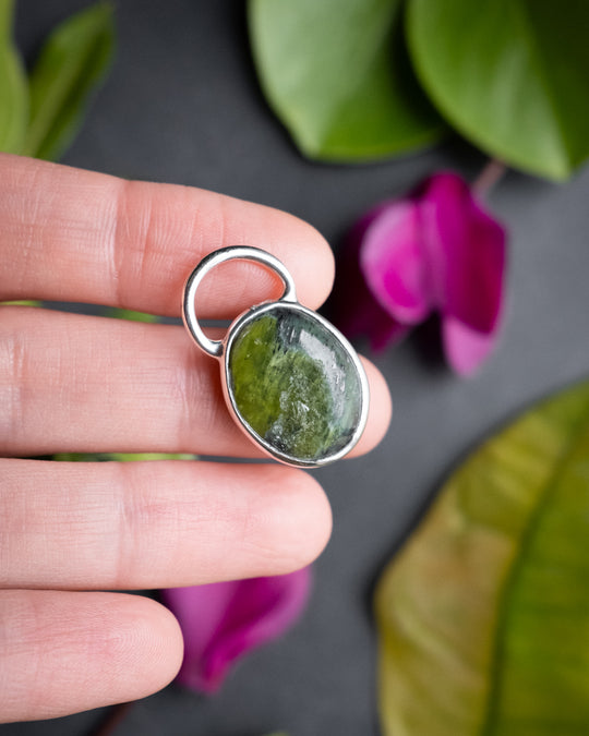 Green Grossular Garnet Pebble Recycled Sterling Silver Necklace