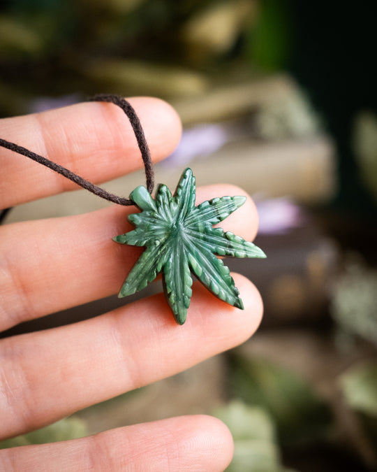 African Jade Hand Carved Hemp Leaf Necklace - The Healing Pear