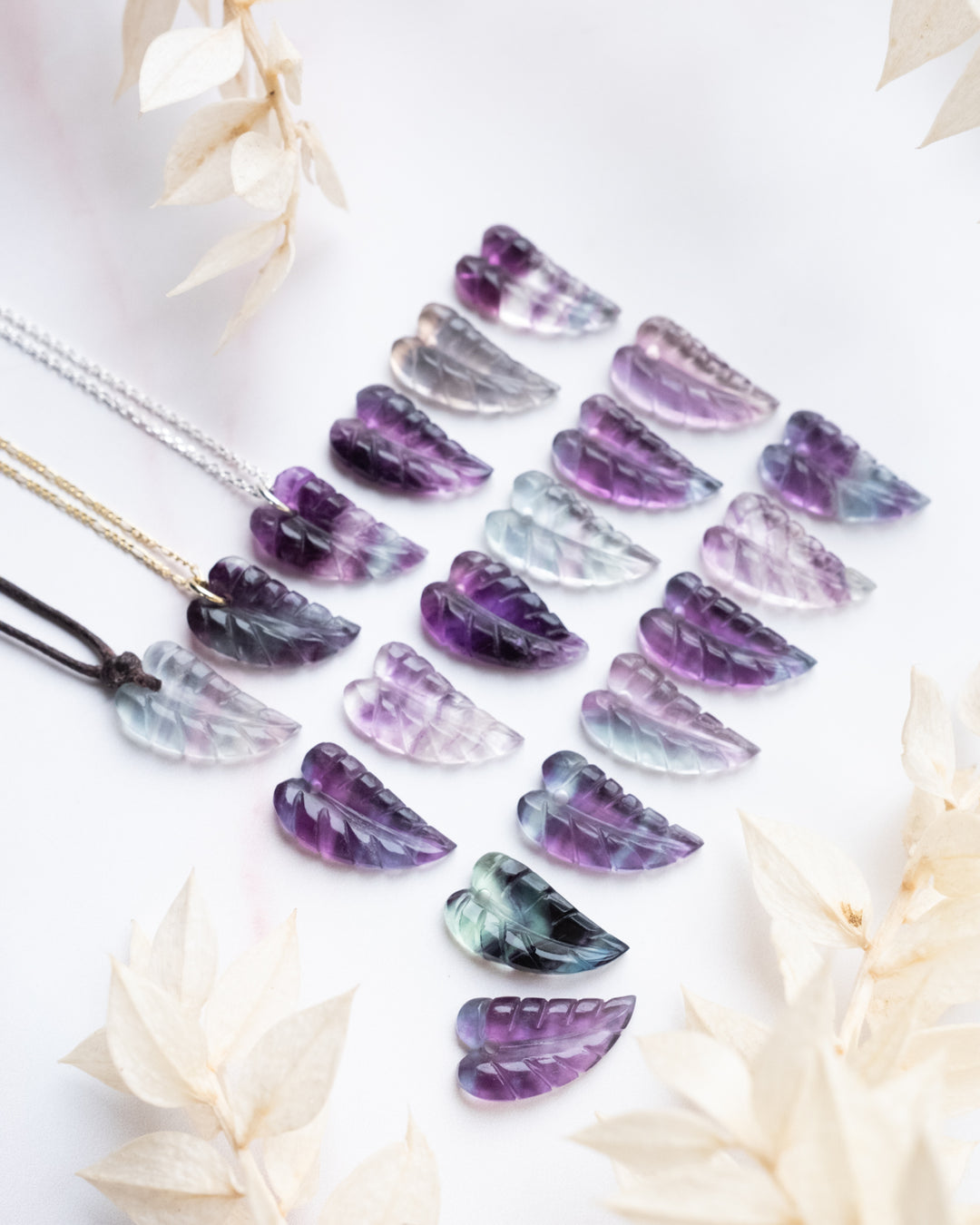 Rainbow Fluorite Hand Carved Leaf Necklace - The Healing Pear