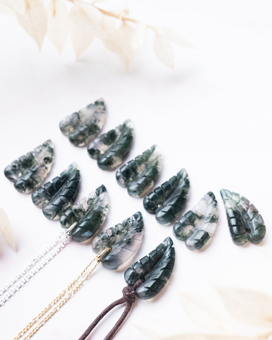 Moss Agate Hand Carved Leaf Necklace - The Healing Pear