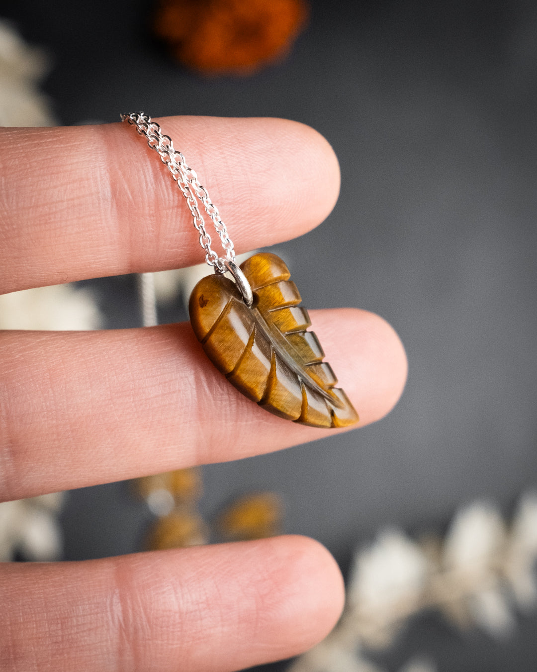 Tiger's Eye Hand Carved Leaf Necklace - The Healing Pear